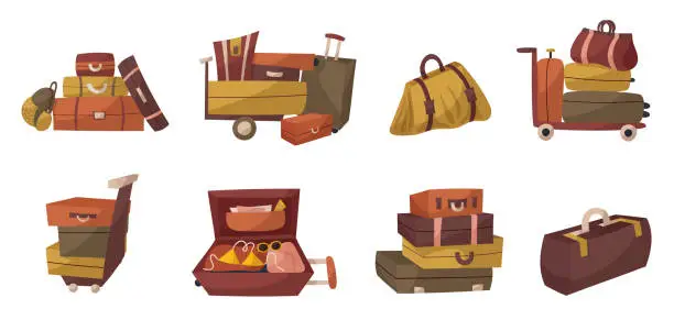 Vector illustration of Hand draw four suitcases and backpack for travelling. Travel bags in flat style isolated on white. Hand luggage with handle.Vector illustration.Retro style. Train, plane, bus travelling.