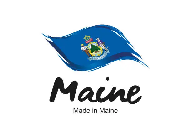 Vector illustration of Made in Maine USA new handwritten flag ribbon typography lettering logo label banner