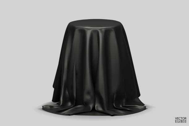 istock Podium covered with a piece of black silk isolated on beige background. Realistic box covered with dark cloth. Podium for product, cosmetic presentation. Creative mock up. 3d vector illustration. 2053289031