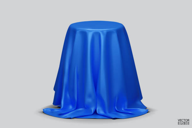 istock Podium covered with a piece of Blue silk isolated on background. Realistic box covered with Blue cloth. Podium for product, cosmetic presentation. Creative mock up. 3d vector illustration. 2053293855