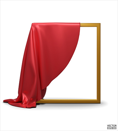 Red Silk fabric unveiling a golden empty frame isolated on white background. Red satin covered objects. 3d vector illustration.
