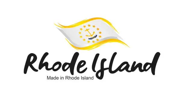 Vector illustration of Made in Rhode Island USA new handwritten flag ribbon typography lettering logo label banner