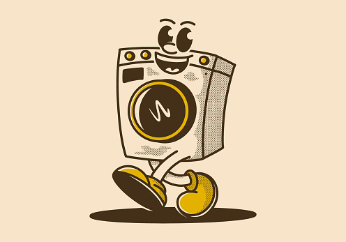 Vintage illustration design of walking washing machine mascot character with happy face
