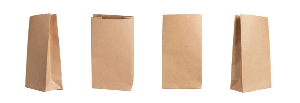 Paper bag, small kraft package, sacks set. Craft pouch, pack mockup, front and side views, isolated