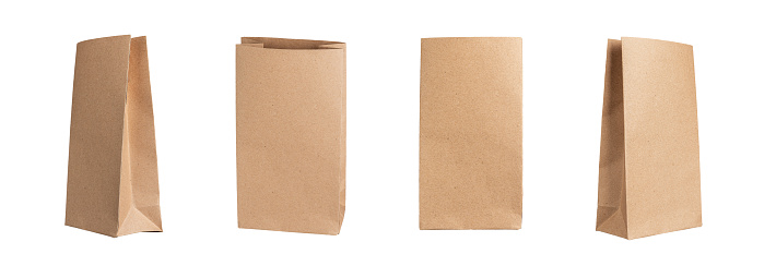 Paper bag, small kraft package, sacks set. Craft brown pouch, pack mockup, front and side views, isolated on white background