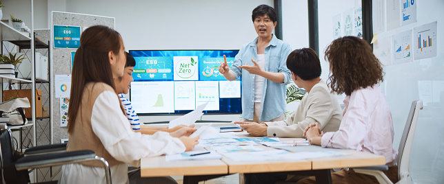 Asian business people team brainstorm meeting in green corporate office. Presentation ESG project planning. Environmental conservation, responsible business, sustainable development goal concept