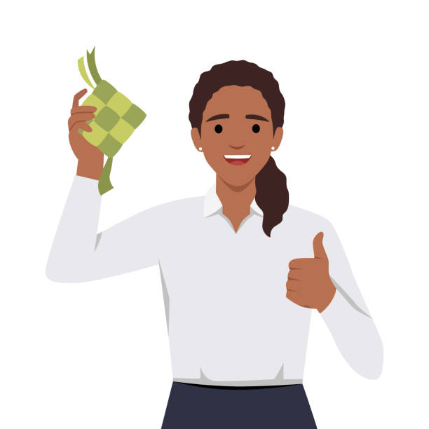 Young business woman holding ketupat prepare for ramadhan. Young business woman holding ketupat prepare for ramadhan. Flat vector illustration isolated on white background business woman holding card stock illustrations