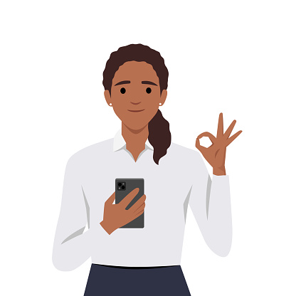 Young happy woman shows smartphone with ok sign and winking. Flat vector illustration isolated on white background