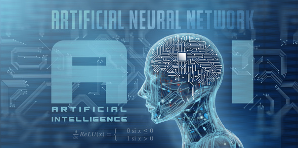 Deep learning infographic of artificial neural network and robot with circuit board as brain - Artificial intelligence concept