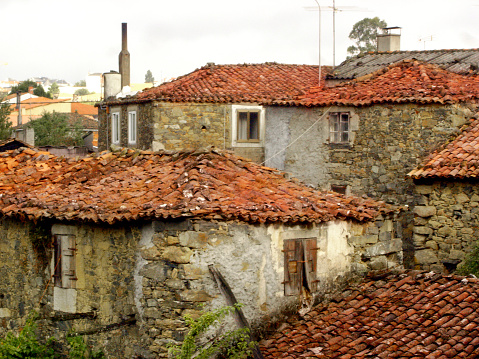 Melide, A Coruña province, Galicia, Spain. Old abandoned stone buildings view . Camino de Santiago, camino francés. Rural depopulation.