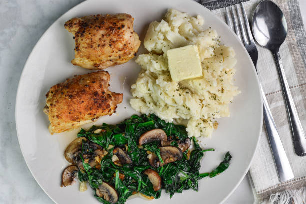 istock two chicken thighs with sauteed spinach and mushrooms 2053374883