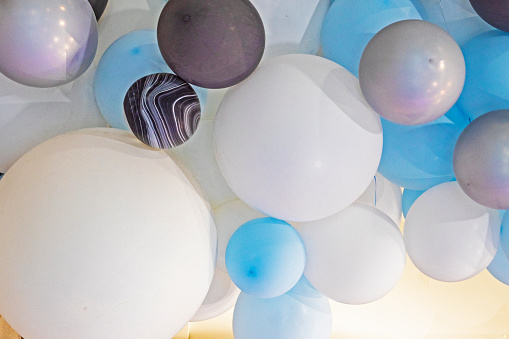 festive background and blue white and black balloons. Festive opening. children's party
