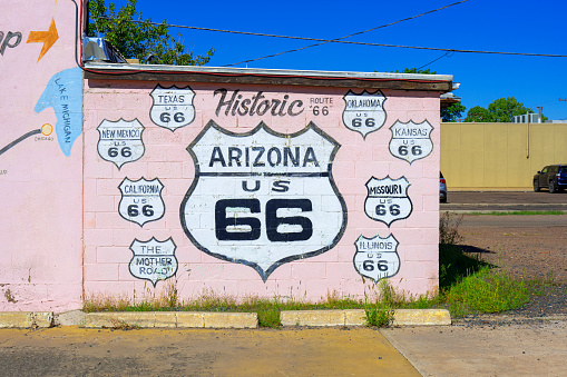Holbrook, Arizona, United States - September 19, 2023:  Mural in Holbrook, Arizona: with cartoons of the states along historic Route 66