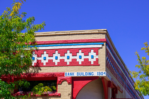 Winslow, Arizona, United States - September 19, 2023:  Winslow, Arizona with colourful details of a historic bank building
