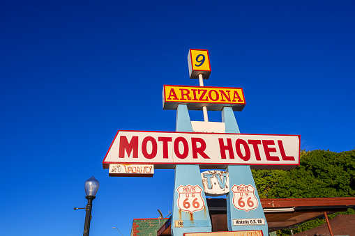 Williams, Arizona, United States - September 20, 2023: Information Signs in Williams, Arizona: Motor Hotel