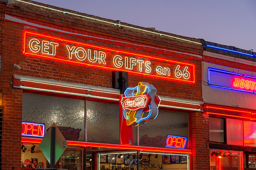 Williams, Arizona, United States - September 20, 2023: Information Signs on a gift shop in Williams, Arizona: Cruiser's Gifts 66