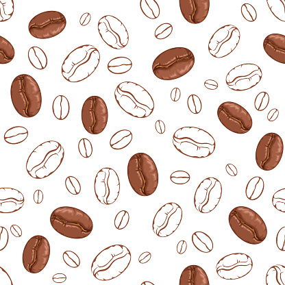 Coffee background. Vector seamless pattern with brown coffee beans on white.