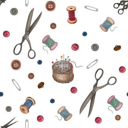 Vintage sewing tool watercolor seamless pattern. Watercolor needle thread, scissors, handcraft supplies, tailoring, and embroidering. White background.