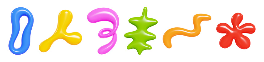 Abstract liquid shape for memphis or y2k design 3d render set. Fluid amoeba blob in kid bright colors. Childish geometric element or various jelly forms - flower, wave and loop.