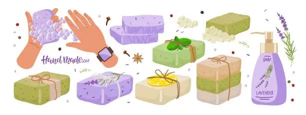 Vector illustration of Different types of handmade soap. Slices of soap with different ingredients, bottle of liquid soap, person washing hands. Vector Illustration. Herbal Healing body care. Natural organic spa products.