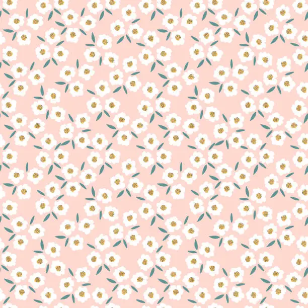 Vector illustration of Floral millefleur seamless pattern. Cute boho tiny flower ornament on pink backdrop. Naive art meadow flowers background. Doodle style vector illustration for textile, wallpaper, wrapping paper.