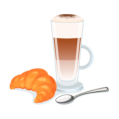 Glass cup of coffee with froth milk and croissant icon set vector isolated on a white background. Sweet breakfast still life