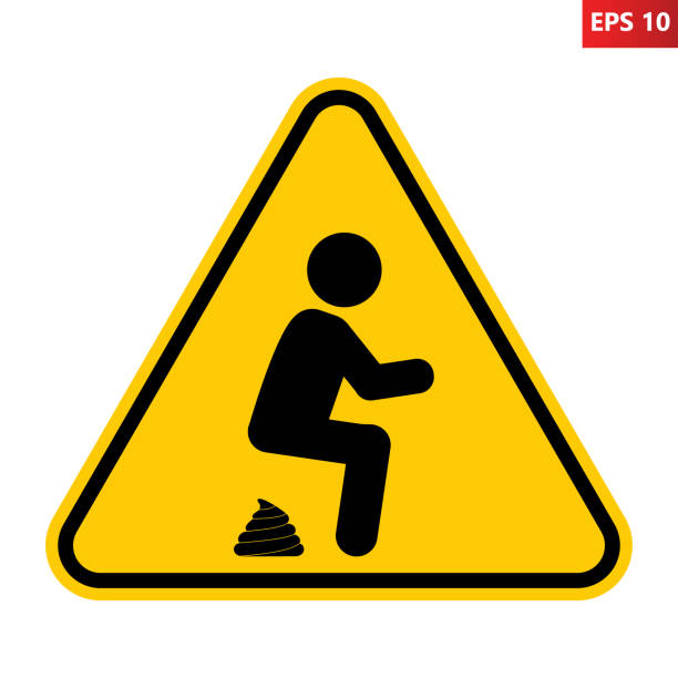 Pooping warning sign. No WC. Pooping warning sign. Vector illustration of yellow triangle sign with man squatting and shitting icon inside. Keep public places clean. No WC. squat toilet stock illustrations