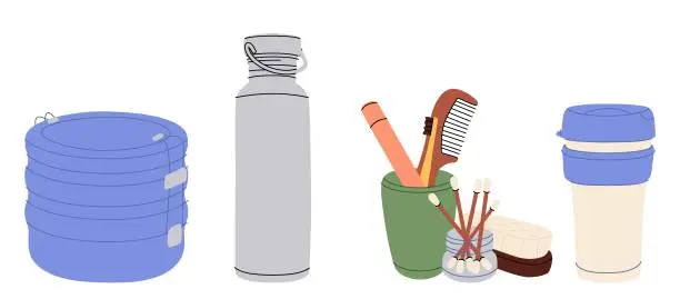 Vector illustration of A collection of durable and reusable Zero Waste items or products - storage container, hygiene kit, toothbrush.