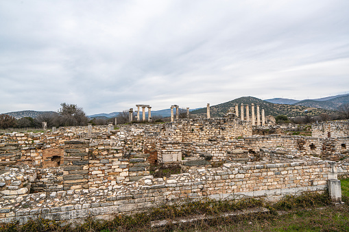 Temple of Hephaestus in Agora, Athens, Greece. It is one of the main landmarks of Athens. Beautiful view of the ancient Greek Temple of Hephaestus in summer. Scenic vintage postcard of Athens.