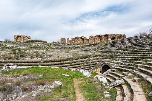 Panoramic view of Perge Ancient City amphitheater.