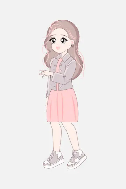 Vector illustration of Korean anime style girl full length standing. Asian teenage character.