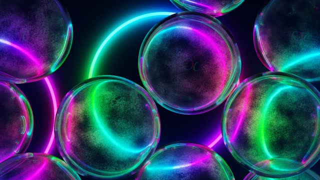 glass balls falling on a neon background