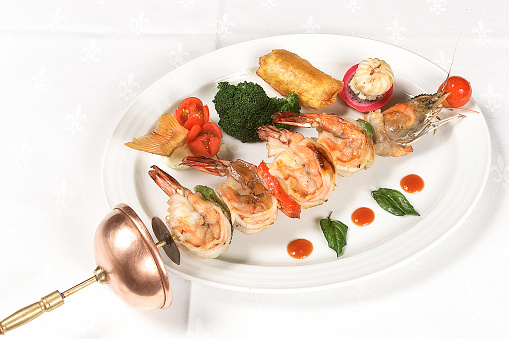 Shrimp sword, shrimp skewer with pepper and vegetables, shrimp skewer