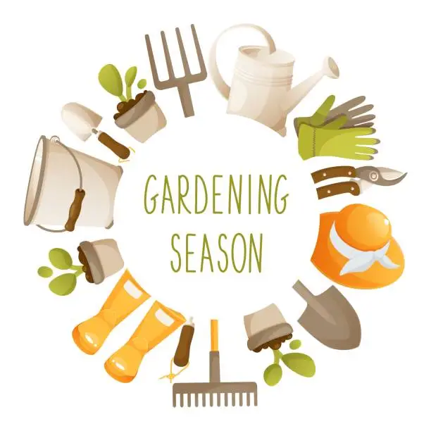 Vector illustration of Vector round design template on a garden theme, with gardening tools. With space for text in the middle. Gardening season, agricultural season. Round frame template for invitations, posters, cards