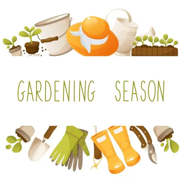 Vector illustration of Vector design template on a garden theme, with gardening tools. With space for text in the middle. Gardening season, agricultural season. Square template frame for invitations, posters, cards