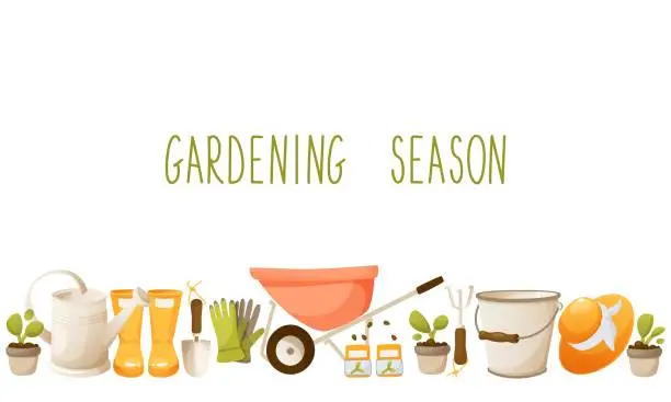 Vector illustration of Vector design template on a garden theme, with gardening tools. With space for text. Gardening season, agricultural season. Horizontal bottom border. Template for invitations, posters, cards