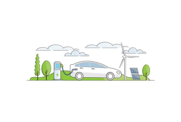 Vector illustration of Electric vehicle charging with green renewable energy source