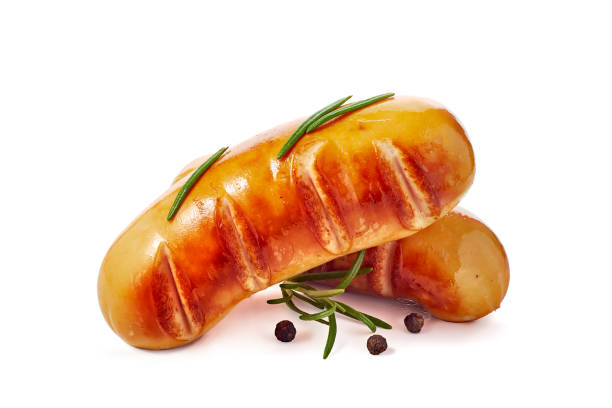 istock Two grilled sausages with rosemary and pepper on white background 2053680913