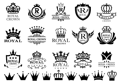 Black crown icons set on white. Collection of vector crown silhouettes