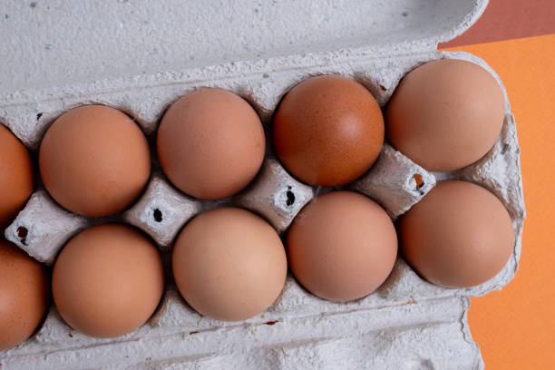istock Cardboard boxes with chicken eggs. Boxes with uncooked eggs in table. Natural organic farm product. Preparing for Easter holiday. Fresh food delivery, carton package. Raw ingredient for cooking eat 2053691797