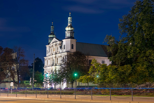 Baroque style church in Krakow, Poland at night
