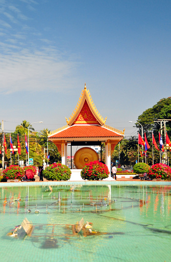 Vientiane, Laos: World Peace Gong, symbol of brotherhood and peace for mankind - located by the large fountain at the NE end of Patuxay Park, near 23 Singha Street, Sibounheuang Road and Kaysone Phomvihane Avenue