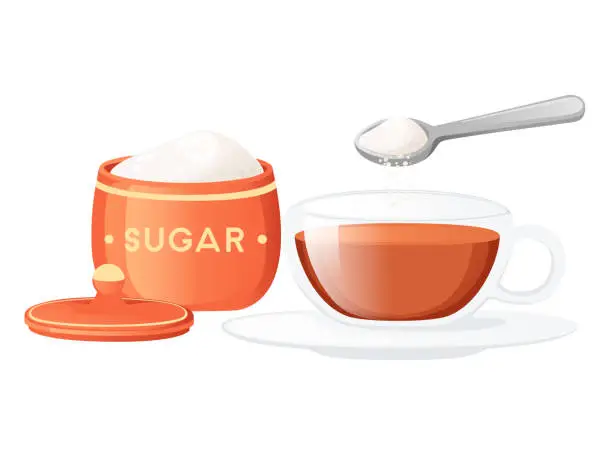 Vector illustration of Glass cup with saucer with black tea and spoon drops sugar vector illustration isolated on white background