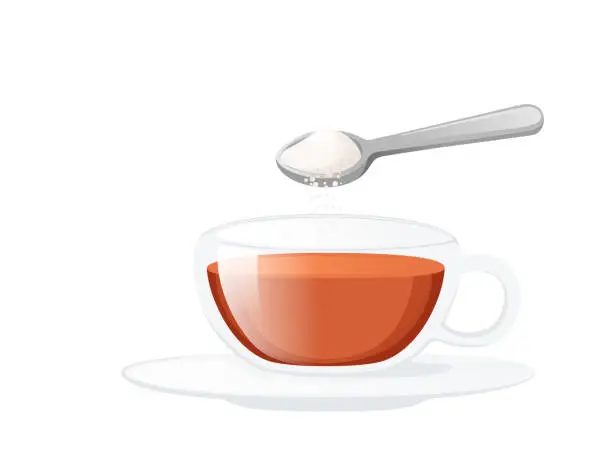 Vector illustration of Glass cup with saucer with black tea and spoon drops sugar vector illustration isolated on white background