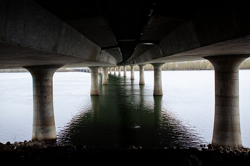 Underneath the large I205 bridge connecting Portland and Multnomah County to Vancouver Washington in Clark County.