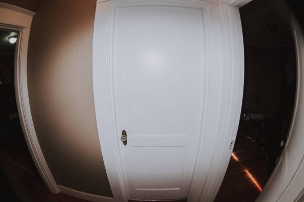 Fish-eye lens perspective of a white door inside of a home. Flash used in this photo