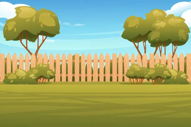 Vector illustration of Backyard with wooden fence hedge sunny summer sky on background vector illustration