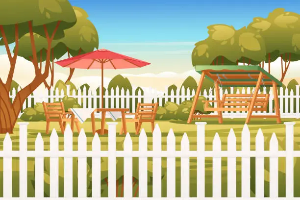 Vector illustration of Backyard with wooden fence hedge and chair with tables sunny summer sky on background vector illustration