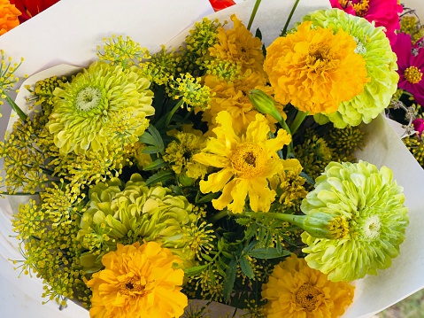 High angle closeup photo of a bunch of lime green and yellow Marigolds and yellow Fennel seed heads on display for sale on a stall at the Byron Bay Farmers Market in Summer.