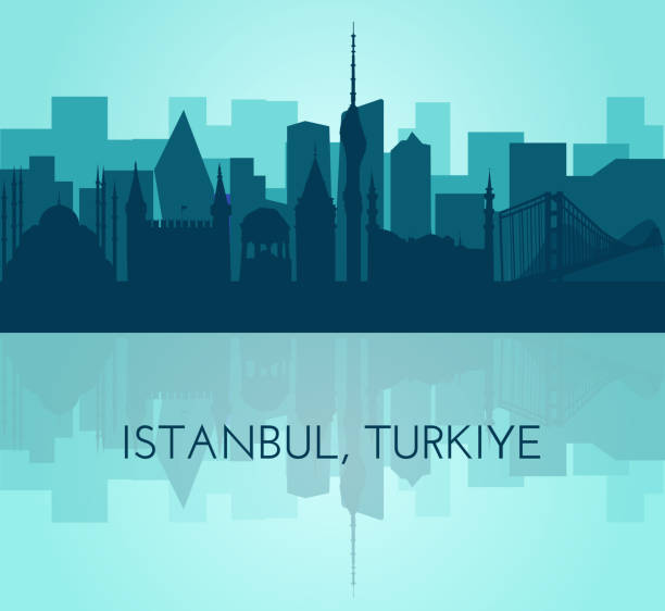 Silhouettes of Istanbul, vector illustration. Famous architecture landmarks Topkapi palace, Sultanahmet Mosque, German fountain, Galata Tower, TV tower, Bosphorus Bridge This illustration represents the country with its most notable buildings. Vector is fully editable, every object is holistic and movable abstract backgrounds architecture sunbeam stock illustrations